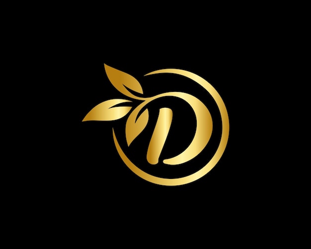 Золотая буква d с логотипом листа на черном фоне
