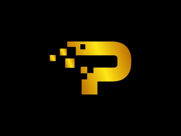 Gold letter p with pixel squares on a black background
