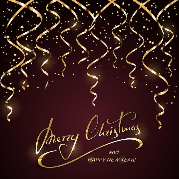 Gold lettering Merry Christmas and Happy New Year with shine holiday decoration, golden Christmas tinsel and confetti on black background, illustration.