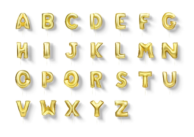 골드 문자 호일 풍선 알파벳 A ~ Z 3d 현실적인 글꼴 세트.