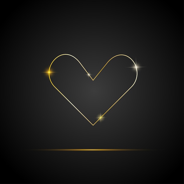 Gold line art heart with sparkles Happy Valentine's day vector greeting card on black background Concept for golden Valentines postcard poster banner flyer invitation jewelry gift card