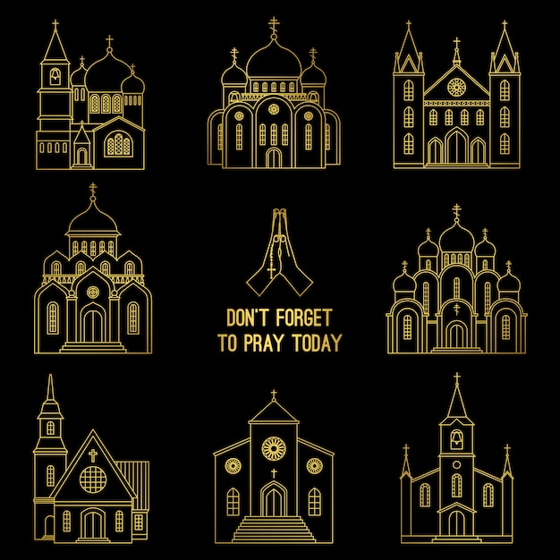 Vector gold line christian church set