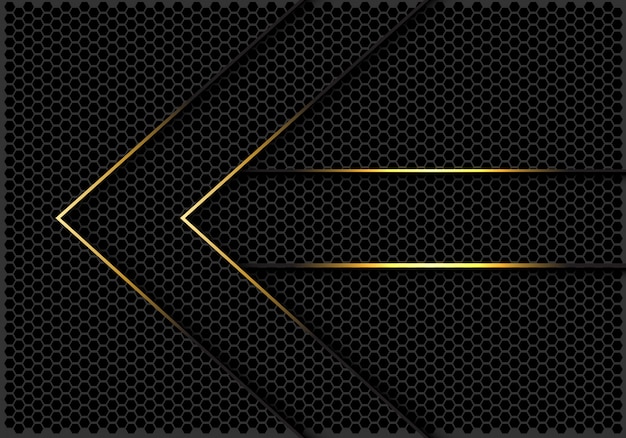 Gold lines arrow direction dark hexagon mesh background.