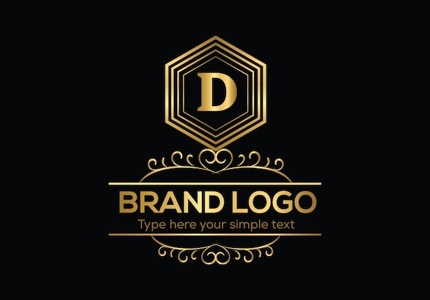 A gold logo with the letter d on it