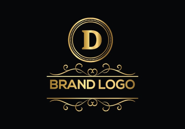 A gold logo with the letter d on it