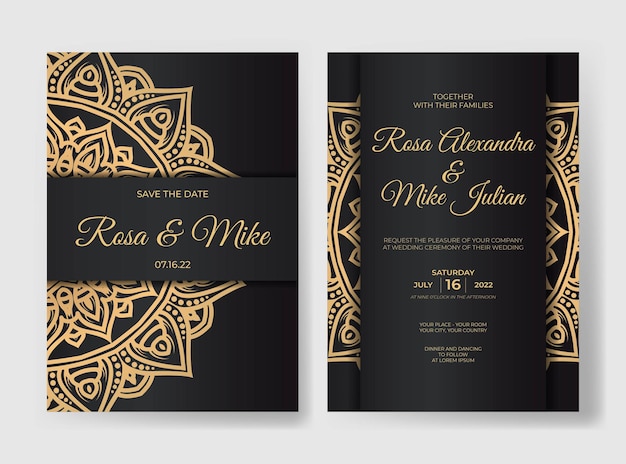 Vector gold luxury wedding invitation template with mandala decoration ornament