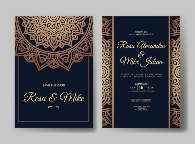 Vector gold luxury wedding invitation template with mandala decoration ornament