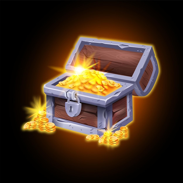 Vector gold magic chest vector game treasure icon pirate open full wooden iron trunk shiny coin pile