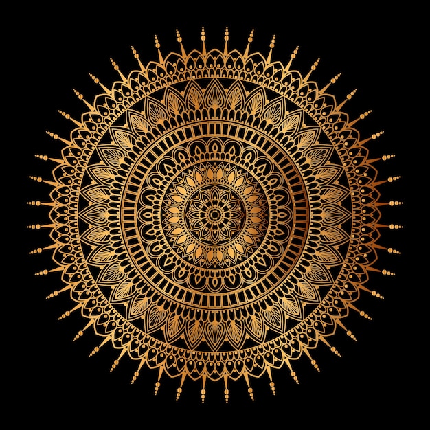 gold mandala on a black background.