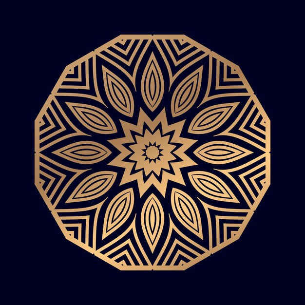 Gold mandala on a dark blue background.