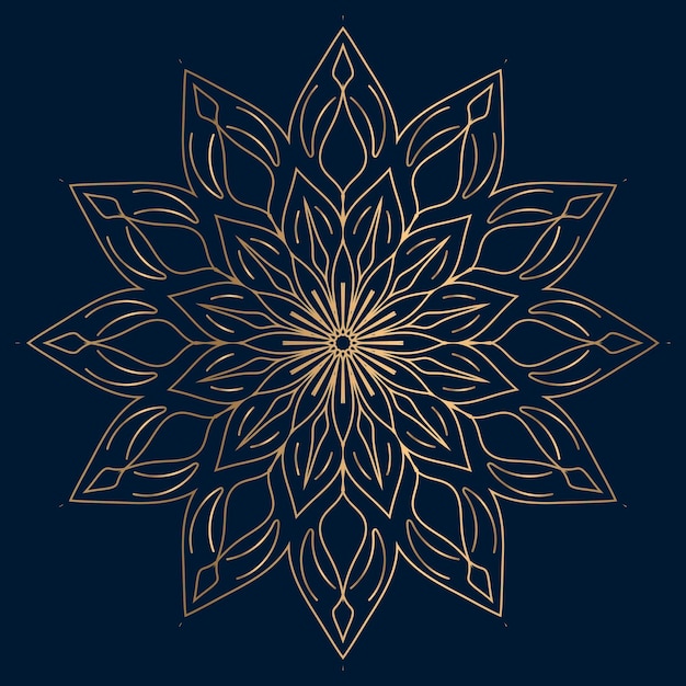 Золотая мандала с цветочным узором на темно-синем фоне. векторная иллюстрация