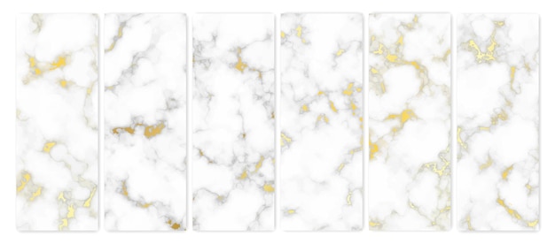 Золотой мраморный текстурный фон. Набор из шести абстрактных фонов из мраморного гранитного камня. Векторная иллюстрация.