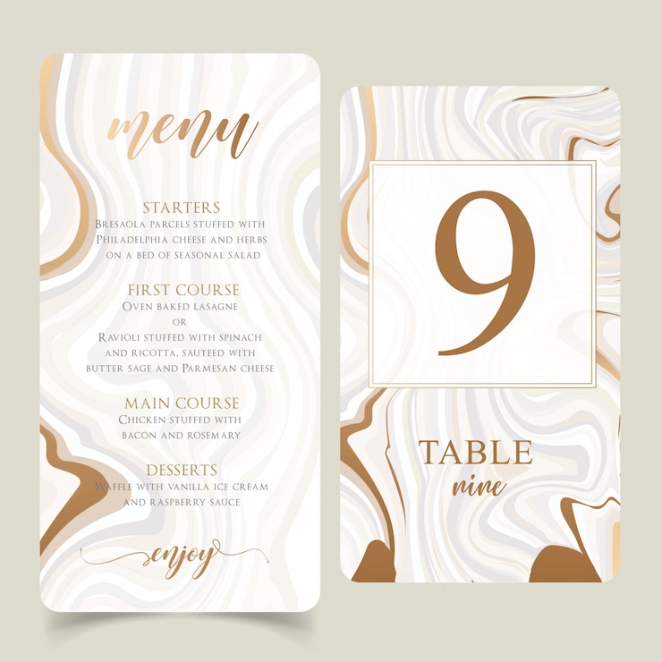 Vector gold and marble wedding menu template with editable table numbers