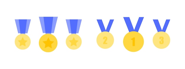 Gold medal icons set. Vector flat illustration. Shiny medal with star and 1st, 2nd, 3rd