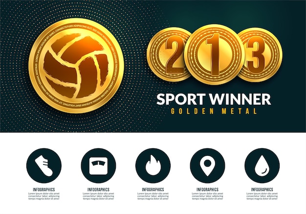 Gold medal volleyball with infographic icons Sport winning medals for first second and third place