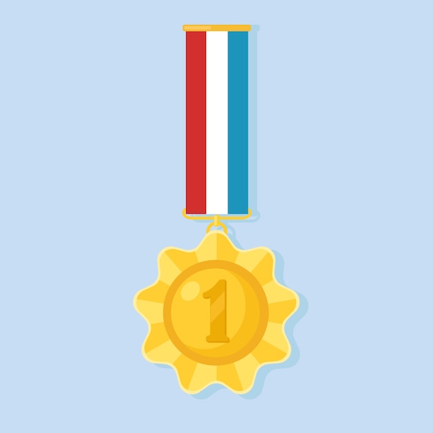 Gold medal with colorful ribbon for first place. trophy, winner award isolated on background. golden badge icon. sport, business achievement, victory concept. illustration. flat style design