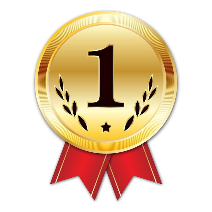 Vector gold medal with red ribbon 1st place, vector 3d gold badge with golden gradation realistic style