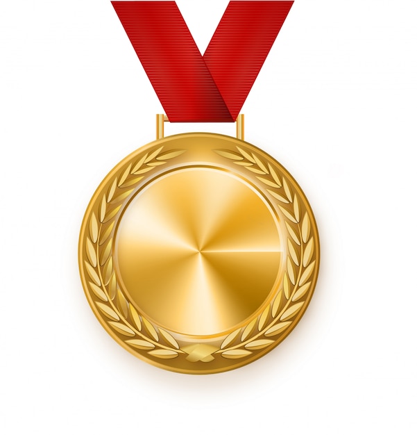   gold medal with a red ribbon. Laurel wreath. Award for the victory.Winner.