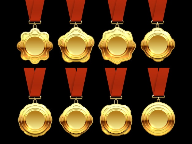 Векторная коллекция золотых медалей на красных лентах