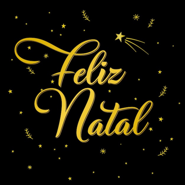 Vector gold merry christmas in brazilian portuguese and black background with shooting star translation merry christmas