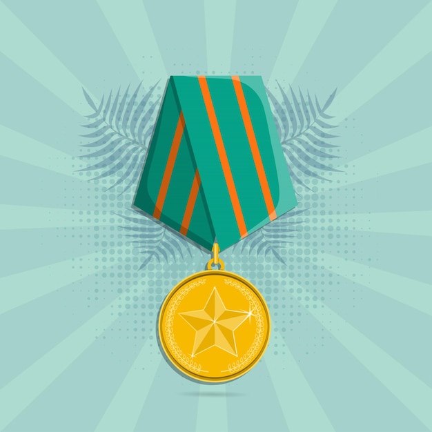 Gold military medal with color ribbon winner award icon vector illustration