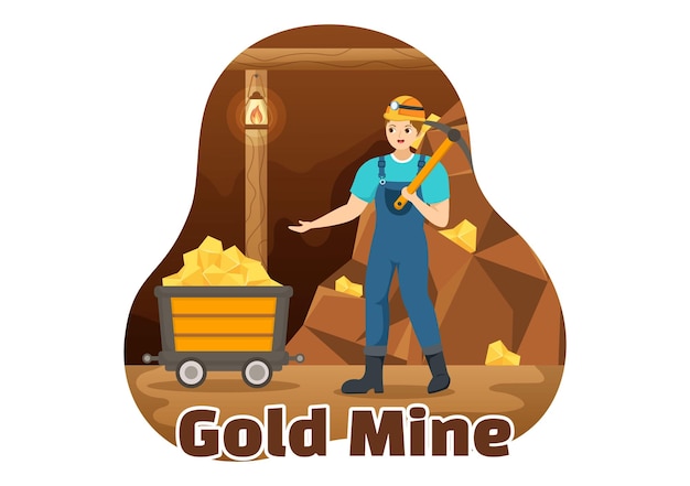 Vettore illustrazione della miniera d'oro con attività dell'industria mineraria per tesori e gemme in modelli disegnati a mano