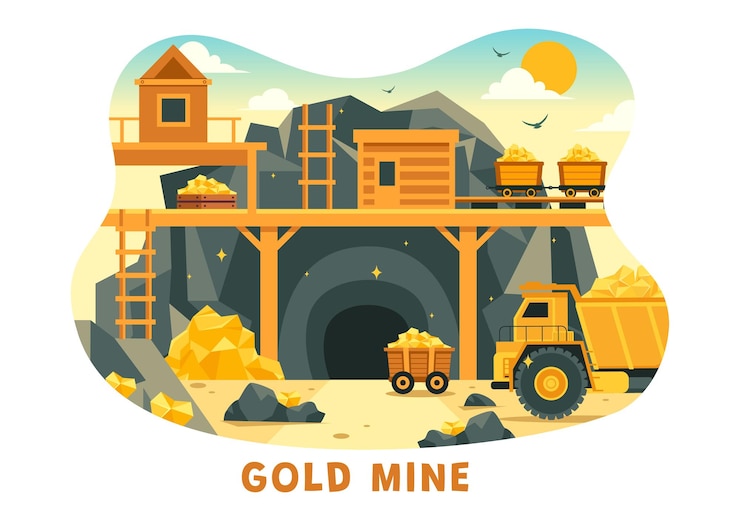 Vector gold mine vector illustration with mining industry activity featuring treasure piles of coins jewelry and gems in a flat style cartoon background