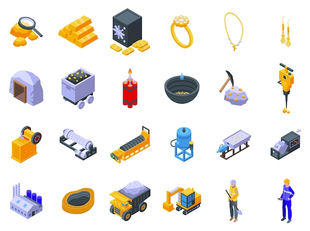 Vector gold mining icons set isometric vector golden mine