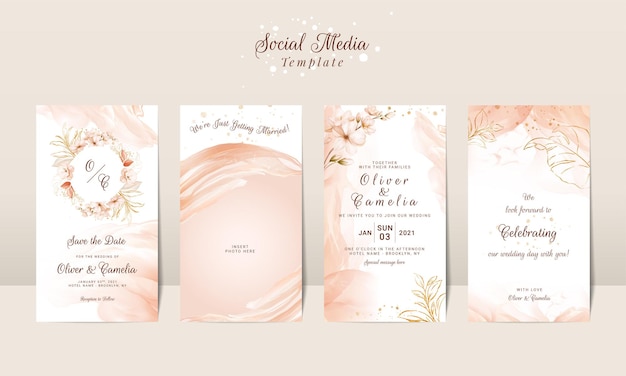 Gold mobile wedding invitation card template set with floral and watercolor background