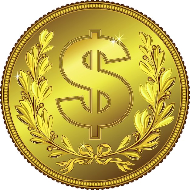 Vettore moneta del dollaro dei soldi dell'oro con una corona di alloro