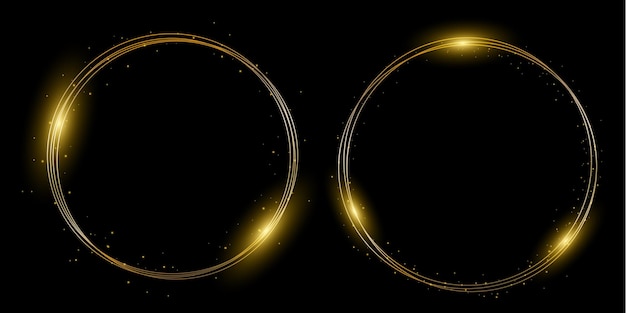 Gold neon light round frame golden flash flies circle glowing magical flashes of fire ring trail