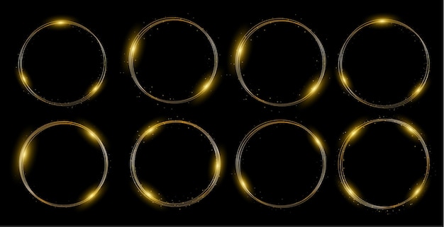 Gold neon light round frame golden flash flies circle glowing magical flashes of fire ring trail