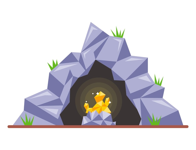 Gold nugget in a dark cave. flat vector illustration