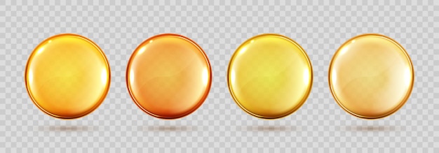 Set di capsule di olio d'oro pillola rotonda vitaminica cosmetici omega 3 bolla d'oro goccioline di siero o essenza di collagene isolate su sfondo trasparente