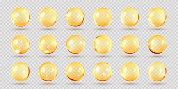 Gold oil capsule set Vitamin round pill Cosmetics omega 3 golden bubble Serum droplets or collagen