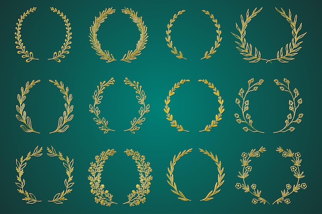 Gold ornamental branch wreathes set in hand drawn design Laurel leaves wreath and decorative branch bundle Different types of herbs twigs with flowers and plants elements Vector decoration