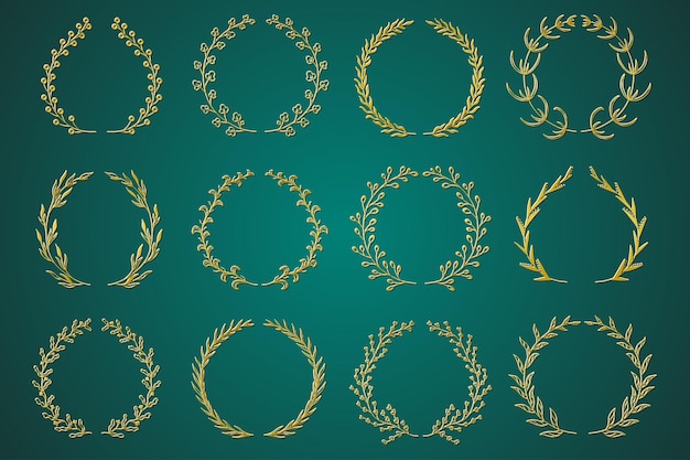金の装飾的な枝の花輪は手描きのデザインに設定 月桂樹の葉の花輪と装飾的な枝の束 ハーブの小枝の小枝と植物の要素の植物の輪郭の装飾 ベクトル装飾
