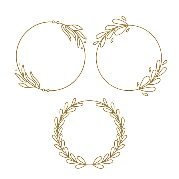 Gold outline circle laurel wreath flower leaves in doodle hand drawn style