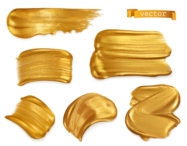 Gold paint smear, 3d vector realistic set