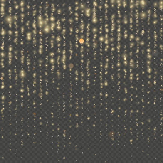 Pioggia di particelle di oro. scintillio di sfocature di luce scintillante. sovrapposizione di fili glitter trasparenti della tenda. effetto di natale e capodanno. scintillio di sfocature di luce scintillante.