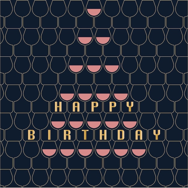Vettore biglietto d'auguri in oro e rosa con torre di bicchieri di vino e testo di buon compleanno