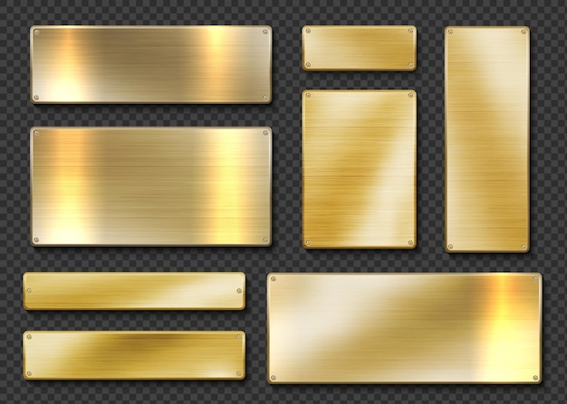 Gold plates Realistic golden metal banners 3D screwed boards on transparent background Planks with glisten metallic texture Blank square shapes vector templates set for engraving