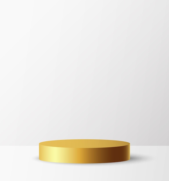 Gold podium front view with perspective isolated on gray background. Museum stage, pedestal or podium for products. 3D vector of basic geometric shape