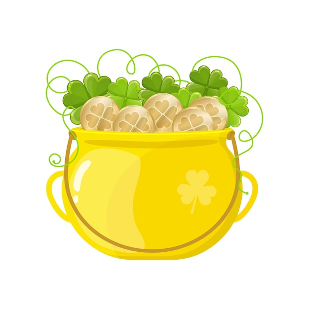 Gold pot with coins and clover