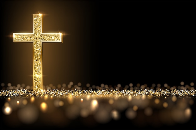 Vector gold prayer cross on shiny glitter background, christian faith, catholic religion symbol