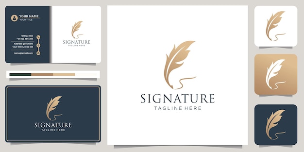 Gold quill signature lines logo template elegant feather pen with business card design inspiration