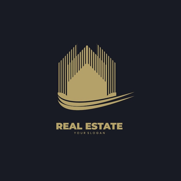 Vector gold real estate logo with a building vector template. house logo. company logo. lining and fill