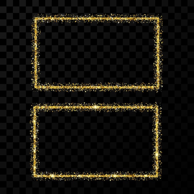 Gold rectangle frame. Two modern shiny frames with light effects isolated on dark transparent background. Vector illustration.