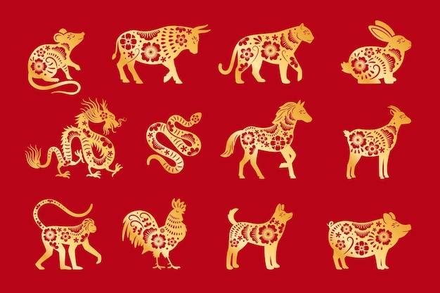 Vettore oro su oroscopo cinese rosso. zodiaco cinese degli animali di vettore, insieme dei segni del calandar della cina, simboli zodiacali orientali astrologici vector l'illustrazione