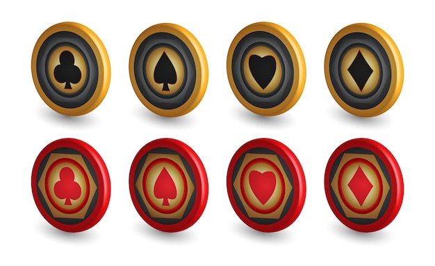 Gold and red poker chips set 3d chip vector illustration game design elements for casino